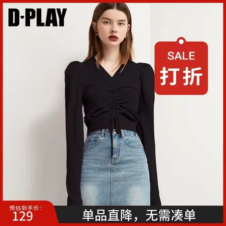 DPLAY德帕拉早秋款黑色V领抽绳长袖短款针织衫时尚气质上衣商品大图