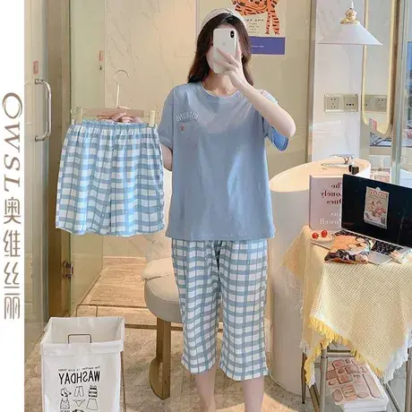 棉睡衣女夏天短袖短裤七分裤三件套宿舍薄款家居服商品大图