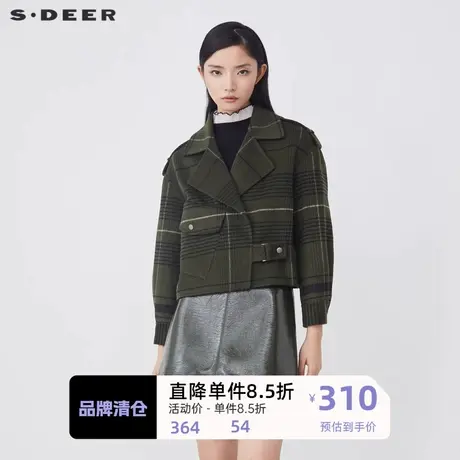 sdeer圣迪奥女装时尚翻领撞色格纹毛呢短款外套S21462207🏋商品大图