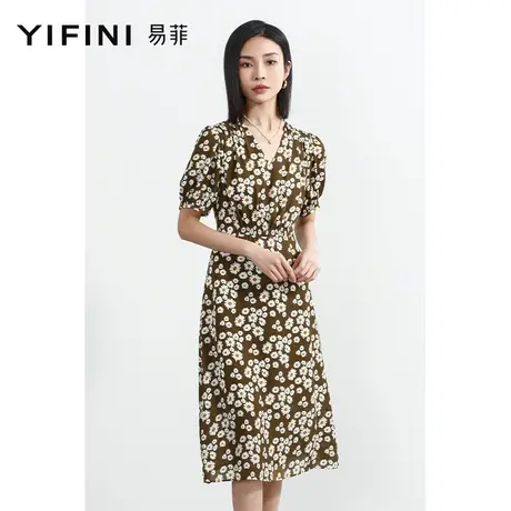 Yifini/易菲V领泡泡短袖复古印花碎花连衣裙女2023夏季新款显瘦图片