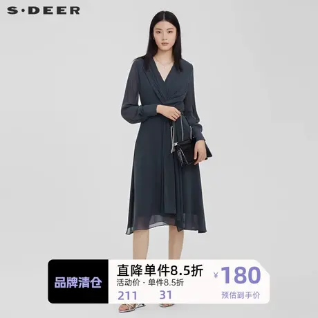 sdeer圣迪奥女装V领不规则雪纺长袖连衣裙S223Z127K商品大图