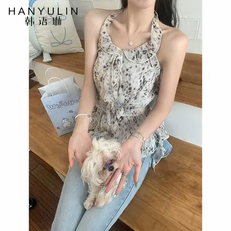 韩语琳 6/18 法式碎花绝美吊带背心女夏季露背无袖挂脖上衣设计感图片