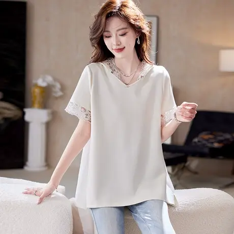 宝诗黎蕾丝拼接白色短袖T恤女2025夏季韩版休闲百搭宽松棉质上衣商品大图