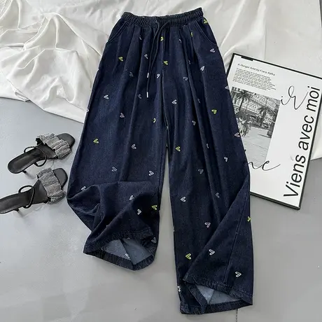 韩版休闲刺绣抽绳松紧腰牛仔裤女2025年夏季新款宽松百搭阔腿长裤图片