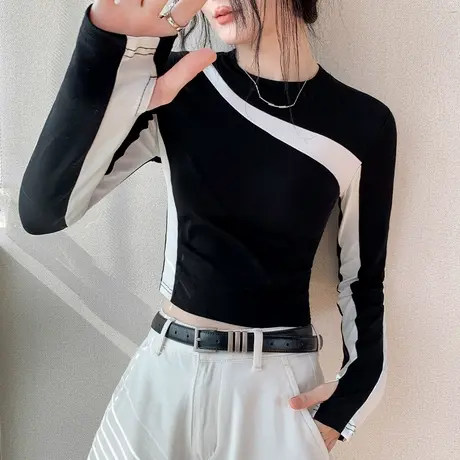 莱赛尔天丝柔感透气圆领指套长袖T恤女2025春季新款撞色修身上衣图片