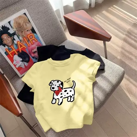 2025夏季美式复古气质短款修身黄色正肩短袖T恤女小众不撞款上衣商品大图