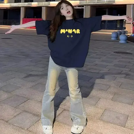 vintage美式高街大码短袖T恤女夏季宽松小众情侣上衣嘻哈潮ins酷商品大图