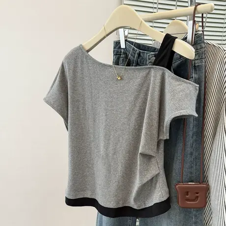 chic甜辣斜肩假两件短袖T恤女夏季宽松韩版设计感小众半袖上衣潮商品大图