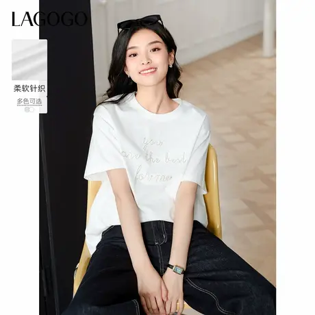 LAGOGO时尚钉珠圆领T恤女拉谷谷2025年夏季新款淡人休闲宽松短袖商品大图