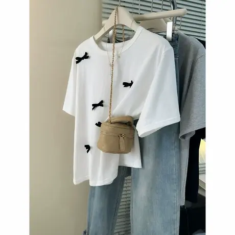 小众设计感蝴蝶结短袖T恤女夏装韩版宽松学生学院风纯棉半袖上衣图片