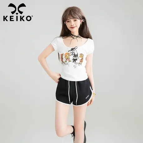 KEIKO 美式辣妹大U领短袖t恤女2025夏季甜酷涂鸦印花修身显瘦上衣图片