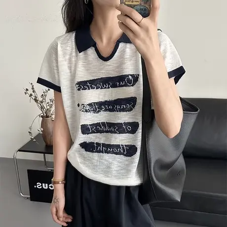 夏季薄款polo领短袖t恤女2025新款爆款冰丝针织小个子短款上衣女图片
