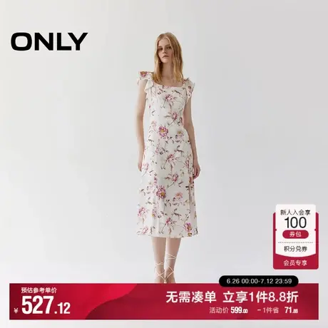 ONLY2025夏季新款浪漫花卉印花荷叶边小飞袖开叉中长款连衣裙女商品大图