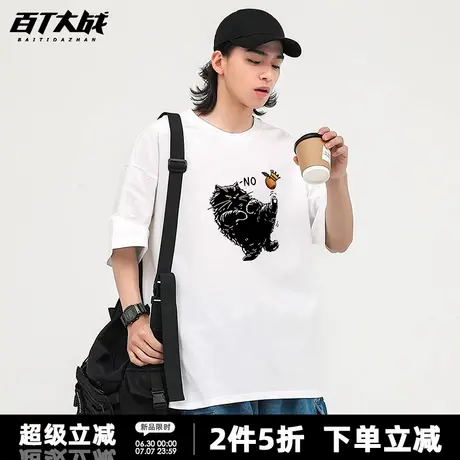 2025新款夏季短袖t恤男女款涂鸦手绘黑猫印花卡通休闲ins情侣上衣图片
