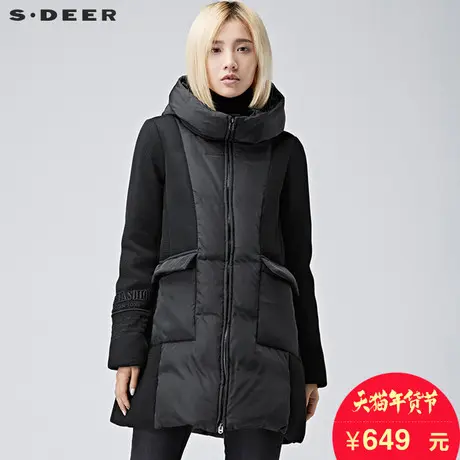 s.deer【新品】圣迪奥女装极简廓形拼接纯黑羽绒服S16482461图片