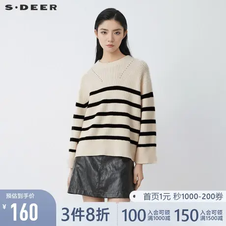 sdeer圣迪奥2021春季罗纹圆领镂空条纹长袖针织毛衣S21463550图片