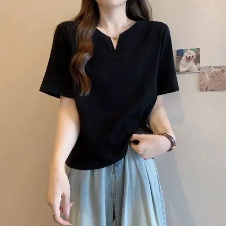 2025新款小V领半袖T恤女夏天韩版修身打底衫外穿纯棉短袖上衣体恤图片
