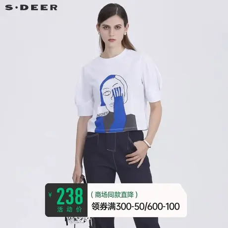 sdeer圣迪奥女装夏装休闲内搭打底圆领人像印花短袖T恤S21280152图片