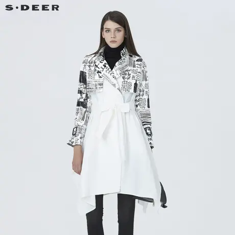 sdeer圣迪奥秋休闲翻领字母印花收腰白色中长款风衣S19381866图片
