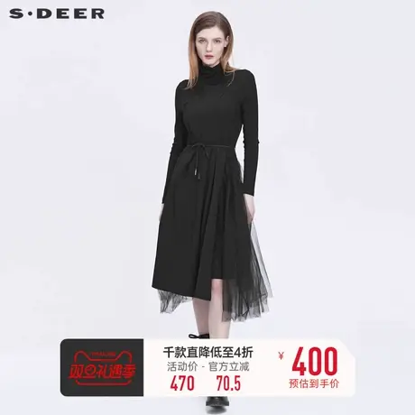 【商场同款】sdeer圣迪奥高领拼接收腰网纱长袖连衣裙S22181205图片