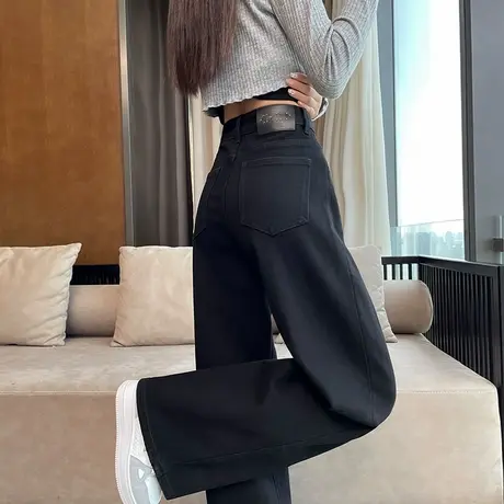 黑色阔腿牛仔裤女春秋2025新款高腰垂感宽松显瘦窄版直筒拖地裤子商品大图