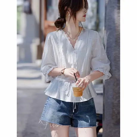 时尚短袖衬衫2025年夏季新款女收腰显瘦纯色简约大气V领中袖上衣商品大图
