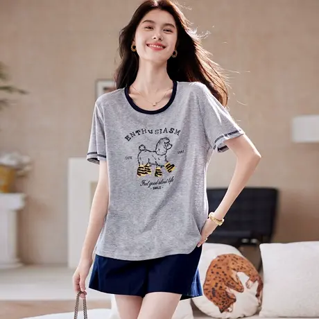 宝诗黎圆领钉珠印花短袖T恤女2025夏季韩版时尚百搭正肩休闲上衣图片