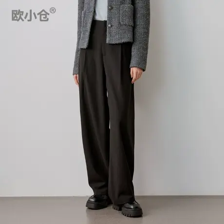 欧小仓 奶茶系列 格雷系连腰打褶弯月阔腿裤 香蕉长裤 羊毛西装裤商品大图