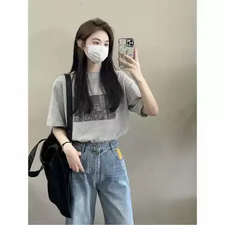 灰色纯棉印花短袖2025夏季新款小个子t恤圆领宽松上衣女体恤ins潮商品大图