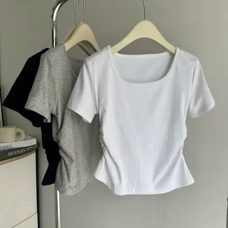 小个子短款正肩T恤女短袖夏装修身韩版百搭chic甜辣褶皱收腰上衣商品大图