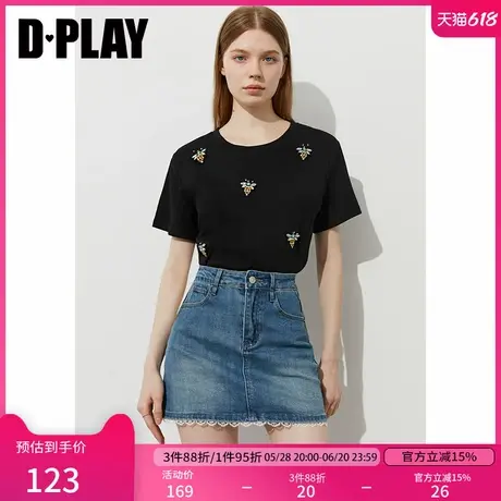 DPLAY2025年夏季新款黑色t恤女正肩宽松时尚闪钻圆领上衣短袖商品大图