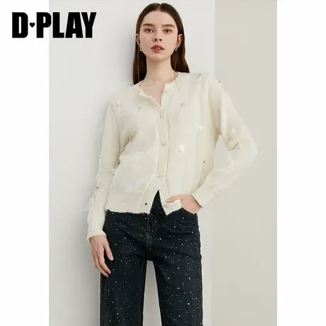 DPLAY冬季新款休闲白色圆领珠片羽毛开衫针织衫上衣长袖女商品大图