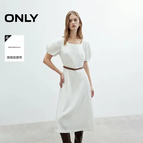 ONLY2025夏季新款立体花苞袖短袖腰带收腰中长裙小白裙连衣裙女商品大图