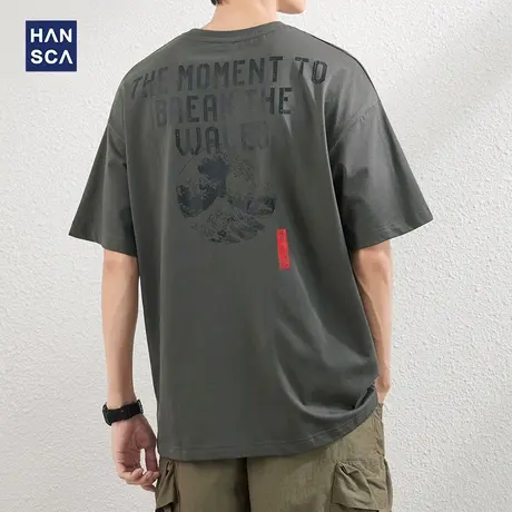 汉斯卡 短袖t恤男纯棉潮牌夏季新款潮流圆领宽松大码印花黑色上衣商品大图