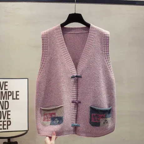 新中式v领开衫针织马甲背心女2025春秋新款外穿马夹花纱毛衣坎肩商品大图