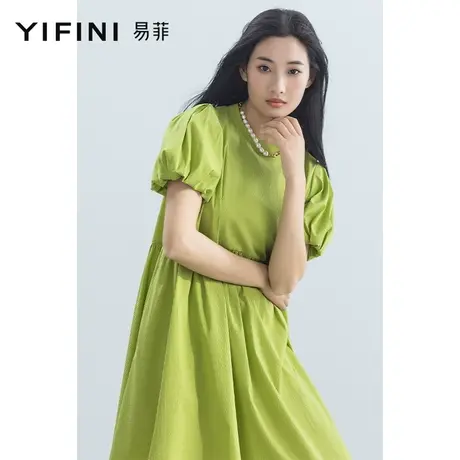 Yifini/易菲云朵泡泡袖宽松连衣裙女2023夏季新款牛油果绿中长款图片