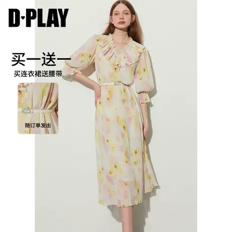 DPLAY2023夏新度假风粉调晕染花卉重工压褶荷叶边两穿印花连衣裙商品大图