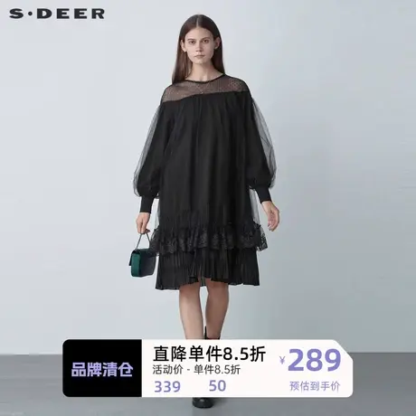 sdeer圣迪奥女装优雅圆领网纱抽褶蕾丝连衣裙S221Z1281🙅商品大图