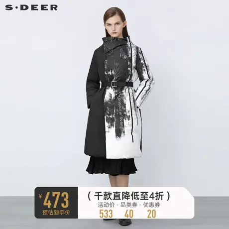 sdeer圣迪奥冬装个性高领字母泼墨收腰长款羽绒服S21482476💚商品大图