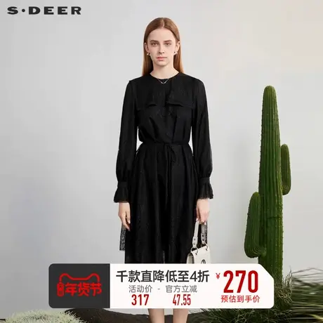 sdeer圣迪奥女裙子圆领蕾丝收腰网纱拼接黑色长袖连衣裙S231Z1277商品大图