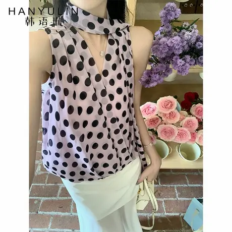 韩语琳 6/18 复古甜美粉色波点无袖上衣女夏季设计感挂脖雪纺衬衫商品大图