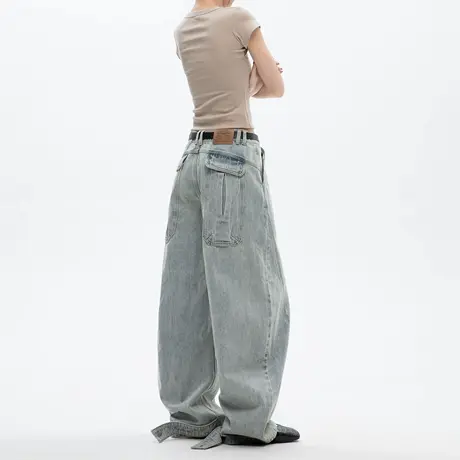 美式复古排扣分割阔腿牛仔裤女2025夏季新款cleanfit宽松弯刀长裤商品大图