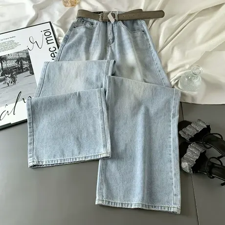 韩国简约浅蓝高级感阔腿牛仔裤女2025春季新款休闲百搭直筒长裤子商品大图