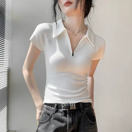 polo衫正肩短袖T恤女2025夏季新款修身显瘦纯色小众翻领拉链上衣图片