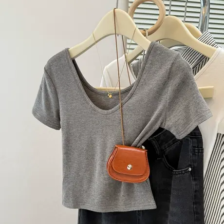 大领口V领正肩露锁骨短袖T恤女夏季修身韩版短款小个子半袖上衣潮商品大图