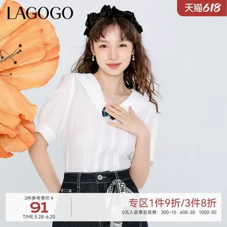 LAGOGO甜美蝴蝶结上衣女拉谷谷春夏新款白色泡泡袖设计感薄款短袖商品大图
