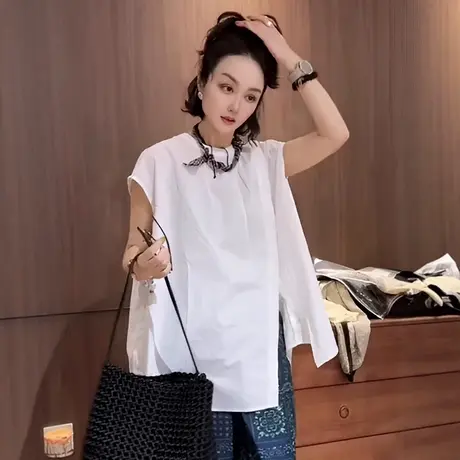不规则白色开叉飞飞袖衬衫2025新款女夏季宽松设计感休闲气质上衣商品大图
