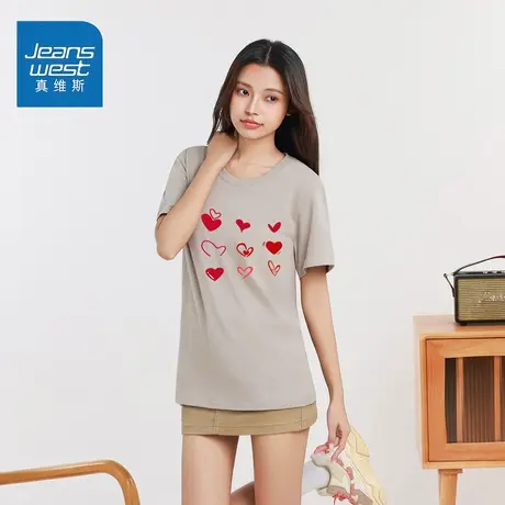 GC真维斯正肩短袖女t恤2025新款夏季宽版慵懒风显瘦圆领印花上衣商品大图