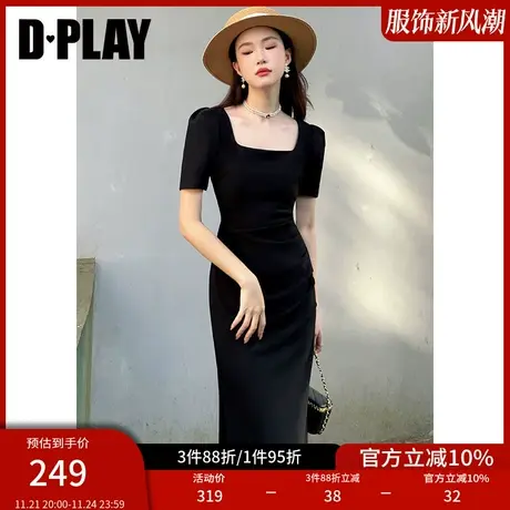 DPLAY夏法式复古经典黑方领侧开衩捏褶弹力高腰连衣裙小黑裙图片