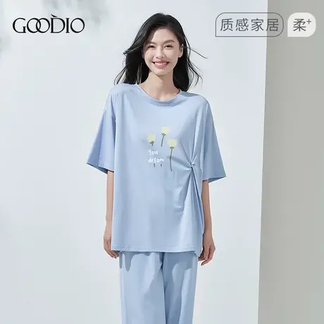 歌帝2023新专柜同款夏季女印花圆领短袖七分裤家居服套装女士睡衣图片